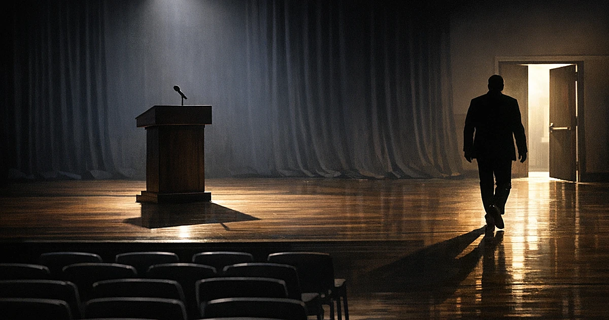 Silhouetted figure walking away from empty debate stage podium with dramatic spotlight and vacant audience chairs
