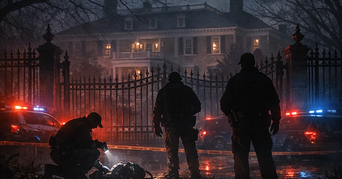 Silhouettes of law enforcement at mansion gates with emergency lights at dusk after prevented attack
