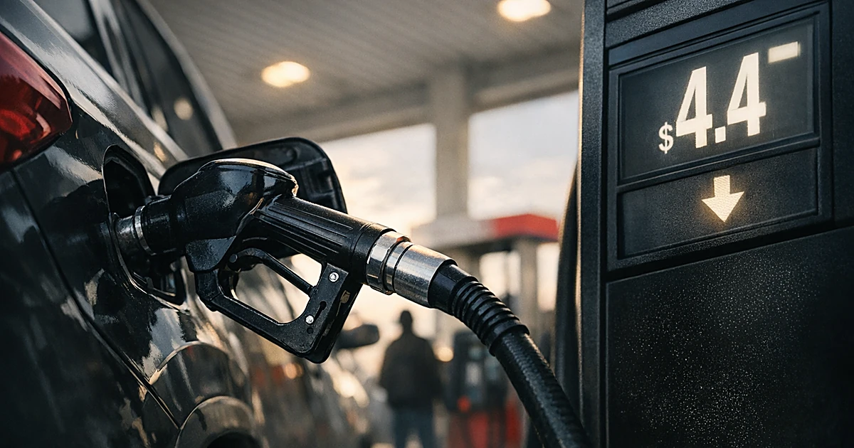 Gas pump nozzle filling vehicle tank with digital price display showing amount over four dollars per gallon