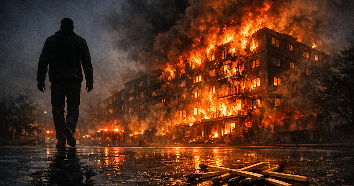 Silhouetted figure walking from burning apartment building with flames and smoke rising into dark sky