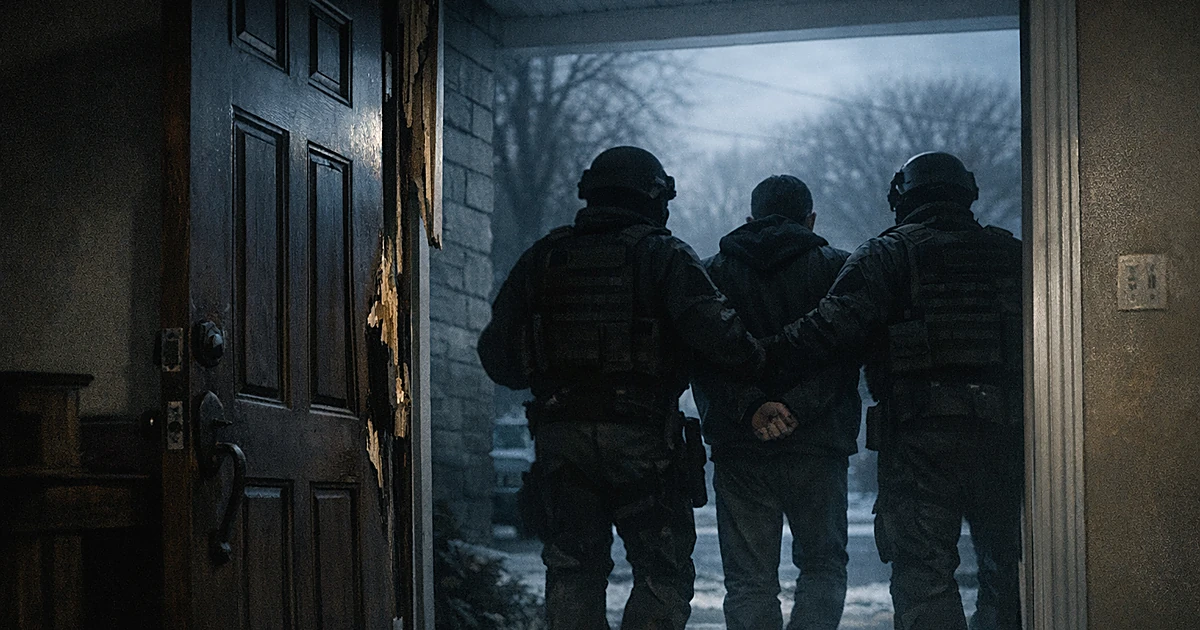 Silhouettes of agents escorting person from residential home with damaged doorway in early morning light