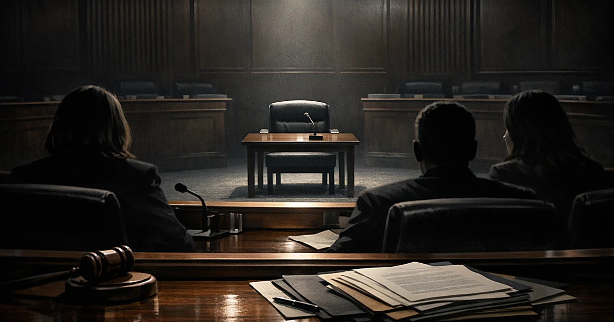 Empty witness chair under spotlight in congressional hearing room with silhouetted committee members at desk