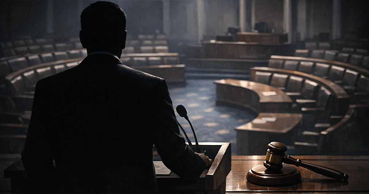 Silhouetted speaker at podium facing empty congressional chamber seats with gavel on desk in dramatic lighting