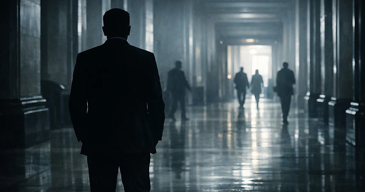 Silhouetted figure stands alone in imposing government building hallway with columns and distant shadowy figures