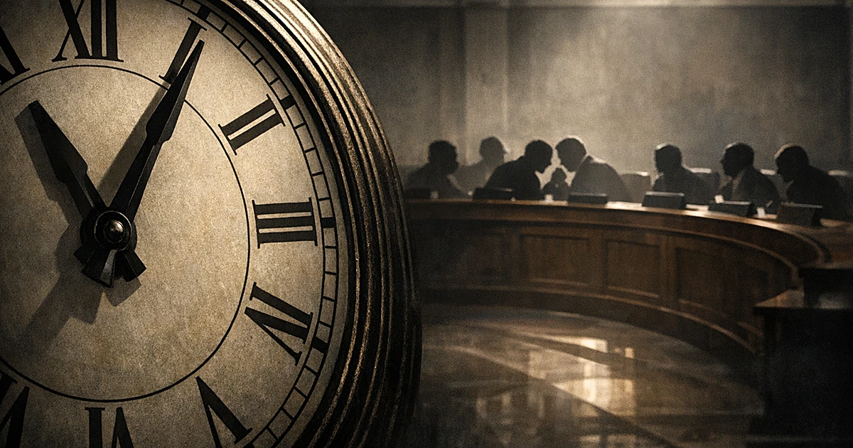 Clock approaching 60 minutes with silhouettes of legislators at desks in shadowy chamber conveying deadline tension