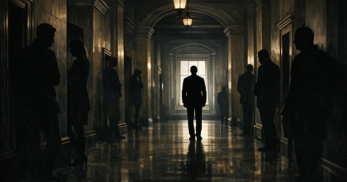 Silhouetted figures in shadowy government building corridor, one isolated figure separated from group of observers