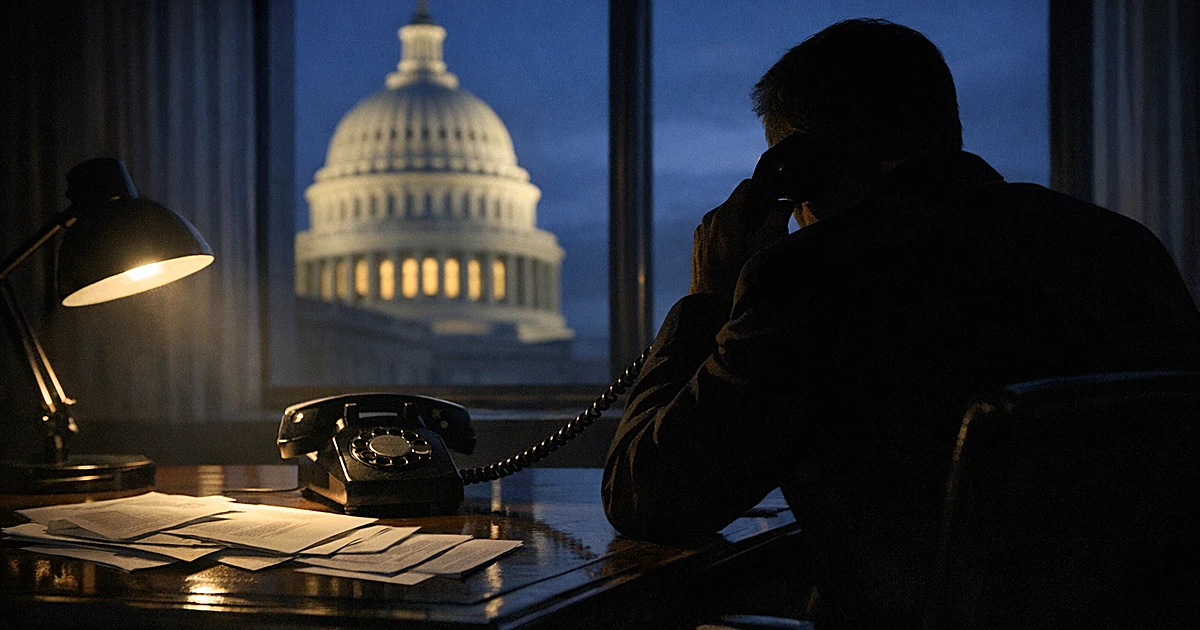 Silhouetted person on phone call in dark office with government building visible through window at night