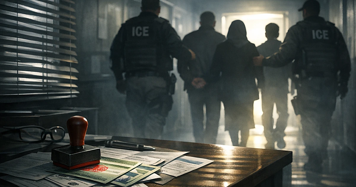 Silhouetted immigration agents escort detained individuals through government office with documents on desk