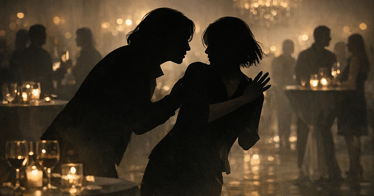 Silhouetted figures at a social event, one leaning aggressively toward another who pulls away in discomfort