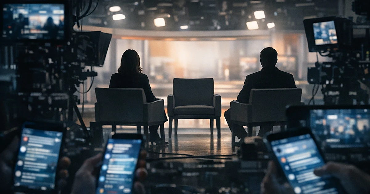Empty chair on TV studio set with silhouettes and glowing smartphones showing social media in foreground