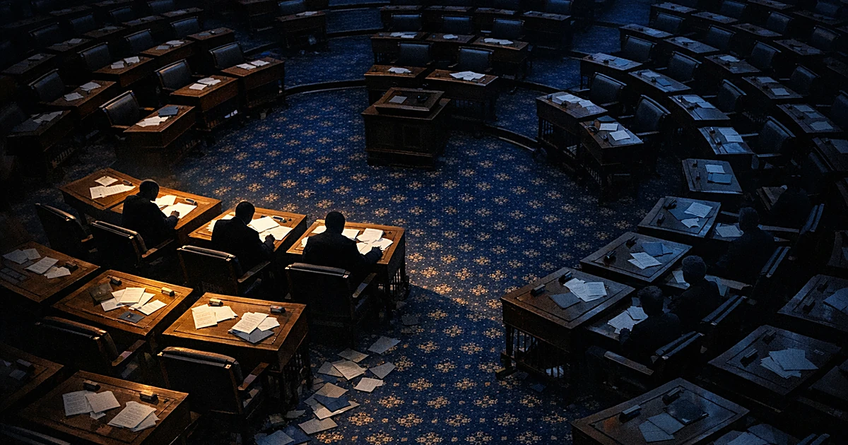 Overhead view of legislative chamber with four illuminated desks separated from others, symbolizing divided vote