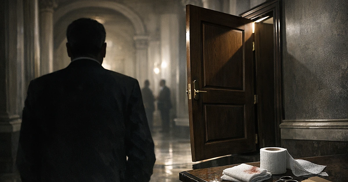 Silhouetted figure in suit standing near open closet door in marble government building hallway with bandages nearby