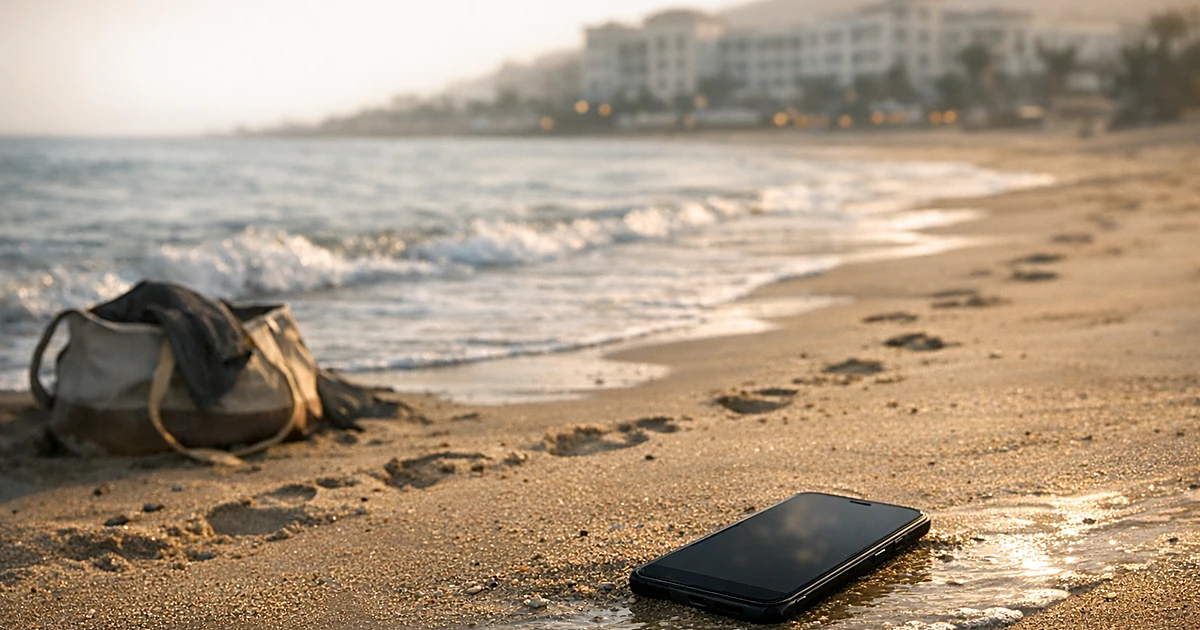 Abandoned smartphone on beach sand with footprints leading to water and distant hotel in background