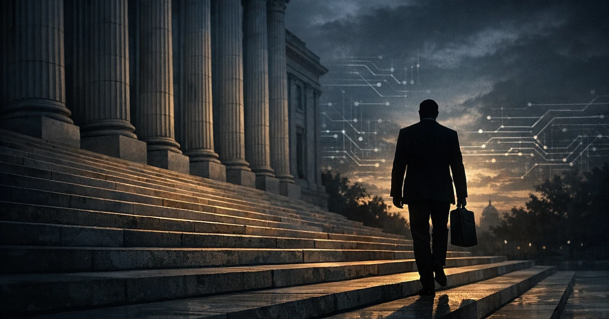 Silhouetted figure walking away from government building at dusk with digital network patterns in sky