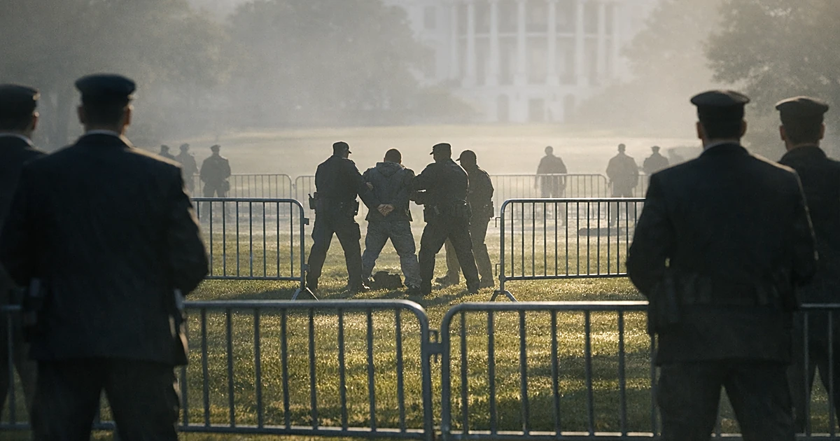 Security personnel silhouettes detaining a person near barriers on an open lawn during a security breach incident