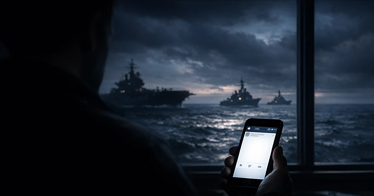 Smartphone displaying social media post with silhouettes of ships on dark ocean visible through window in background