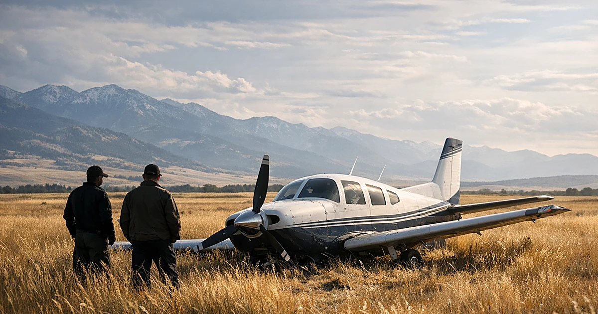 Small aircraft in Montana field after emergency landing with mountains in background
