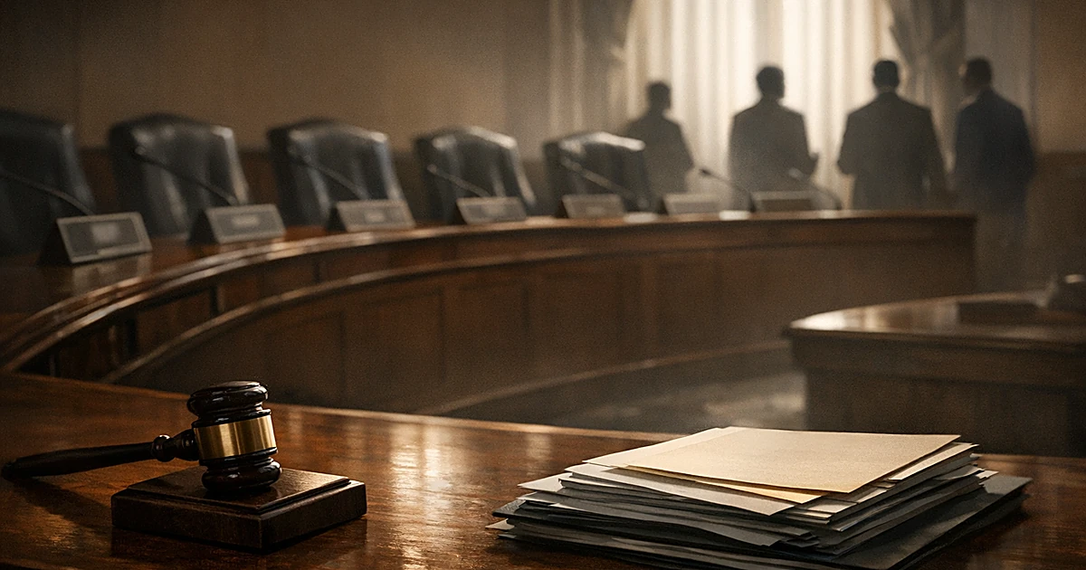 Empty Senate committee hearing room with curved table, leather chairs, and gavel awaiting vote