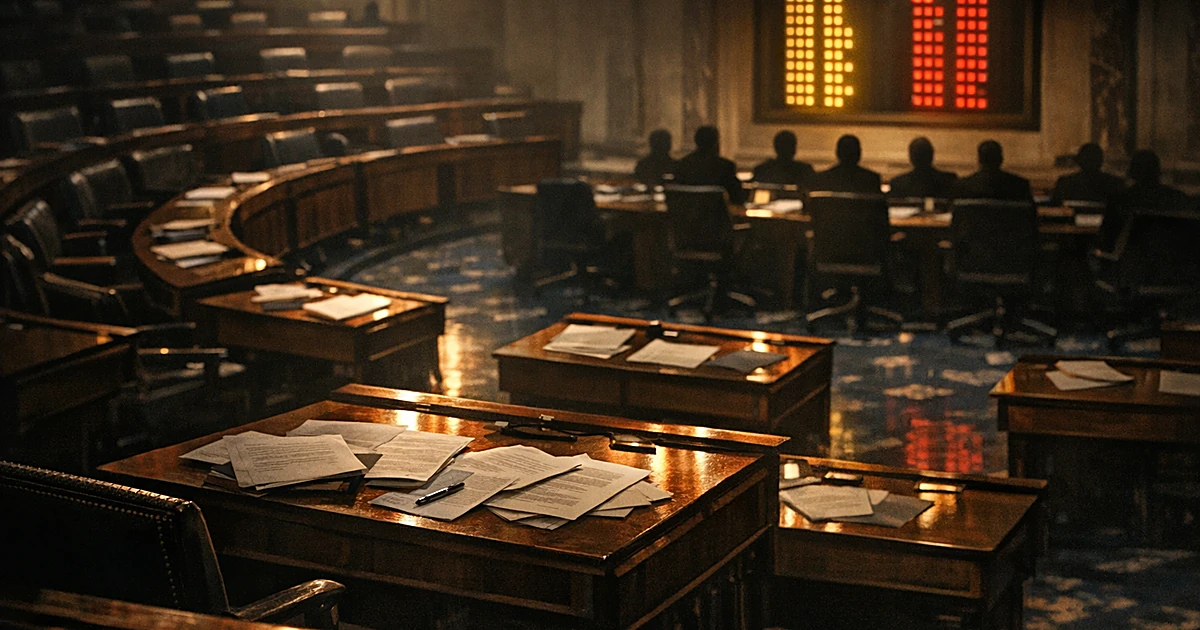 Overhead view of empty legislative chamber with wooden desks and illuminated voting tally board showing close vote count