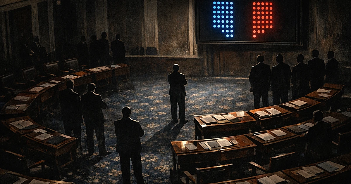 Overhead view of legislative chamber with voting tally board showing 47-52 split and silhouetted figures at desks