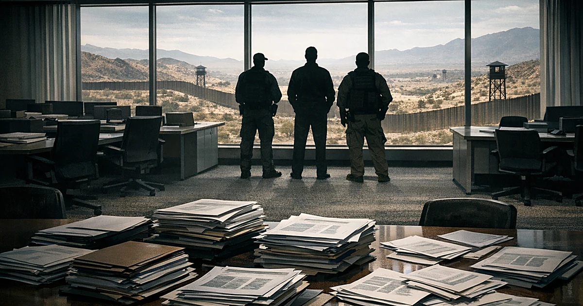 Empty government office with silhouetted figures at windows overlooking desert border landscape, budget papers on table