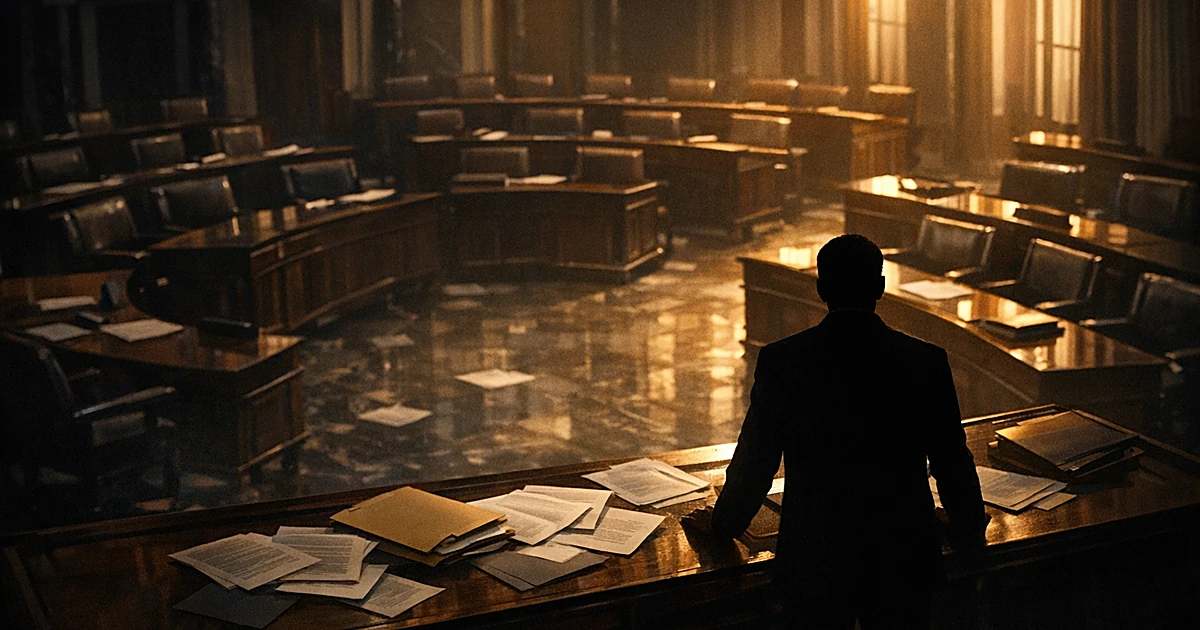 Silhouetted figure standing at desk in empty Senate chamber with scattered documents under dramatic lighting
