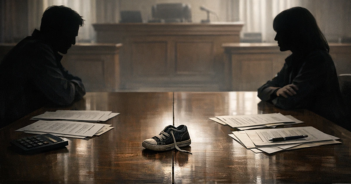 Silhouetted figures at opposite sides of table with legal documents and child's item between them in courtroom setting