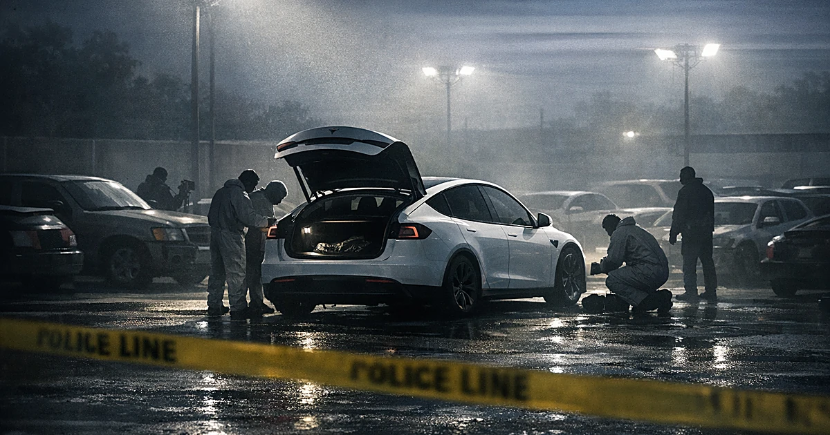 Dark impound lot with open Tesla trunk surrounded by police tape and silhouetted investigators at dusk