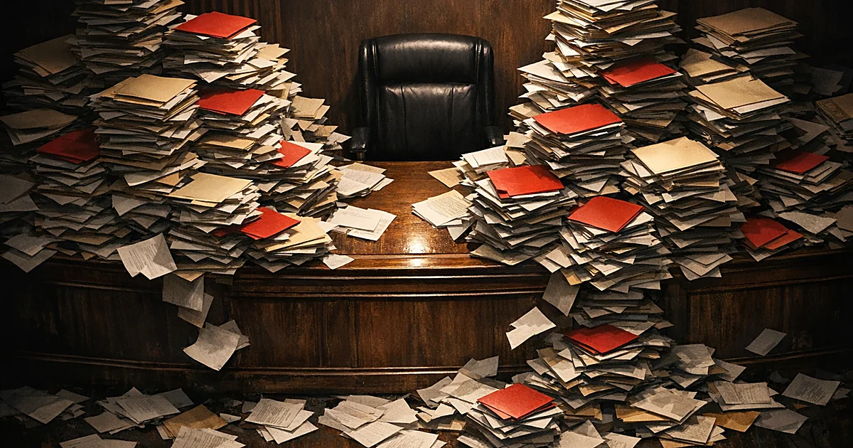 Overhead view of Supreme Court bench buried under towering stacks of documents with red emergency folders scattered throughou