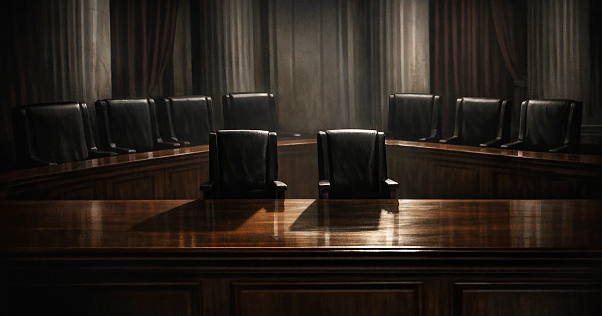 Empty Supreme Court bench with nine chairs, two positioned apart from others, creating visual separation and tension