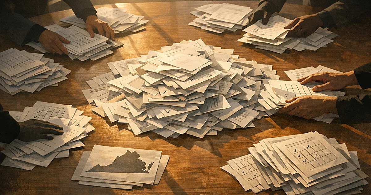 Overhead view of hands sorting ballot papers and electoral documents from state piles into a central collection