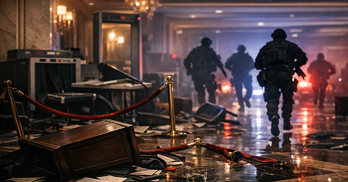 Security checkpoint in chaos with silhouetted officers and scattered formal event equipment in a hotel corridor