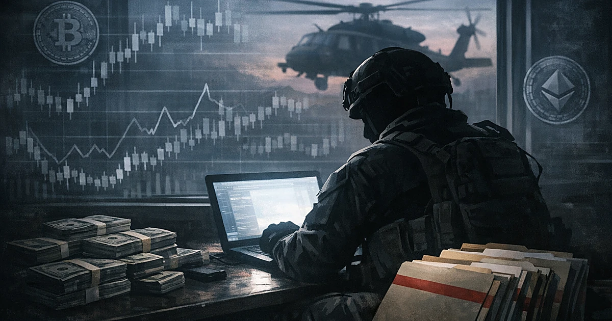 Silhouetted soldier at laptop with cash and classified documents, helicopter visible through window