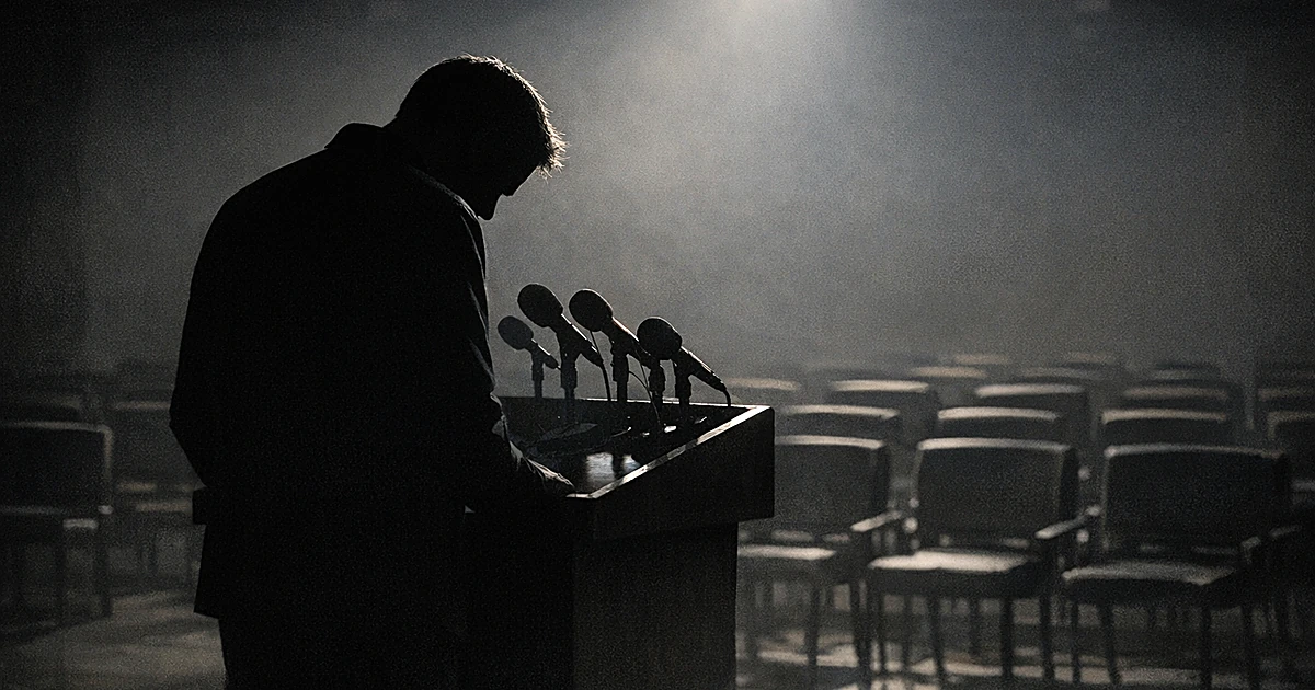 Silhouetted figure at podium with bowed head in empty press room with dramatic lighting