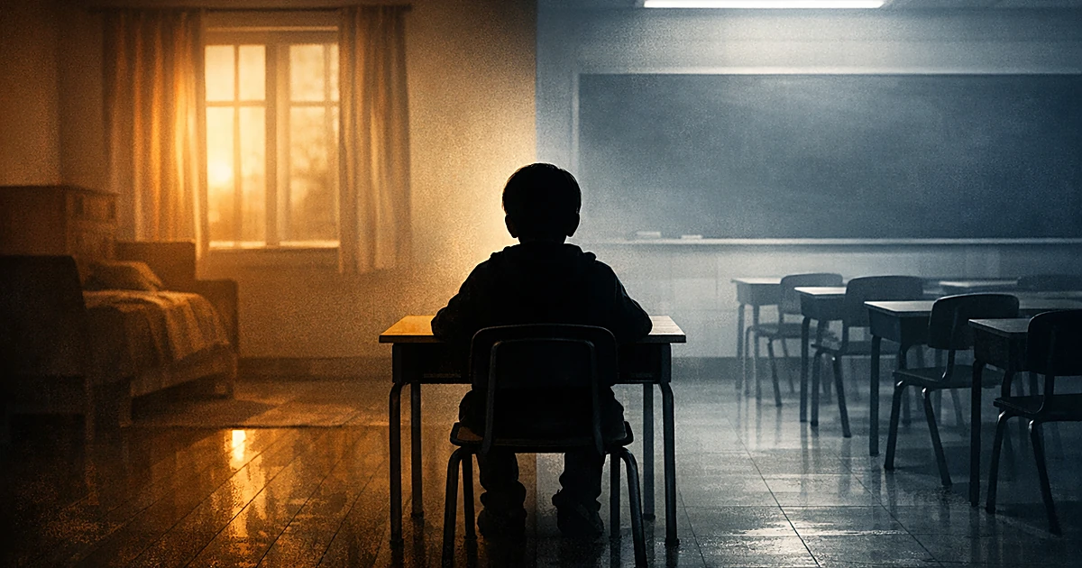 Silhouetted child at desk between warm home lighting and harsh school fluorescent lights showing divide