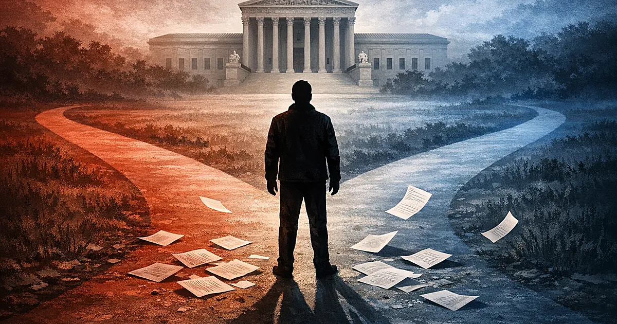 Silhouette at crossroads between red and blue paths leading to courthouse with scattered documents on ground