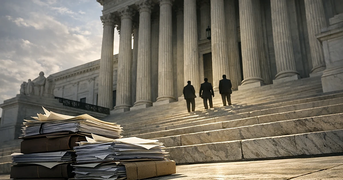 Stacks of legal documents on courthouse steps beneath towering marble columns in morning light