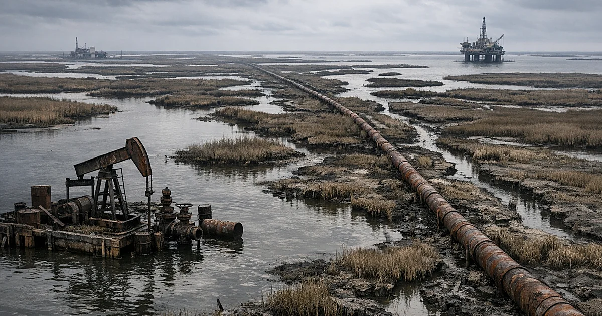 Aerial view of eroded Louisiana wetlands with oil pipelines cutting through damaged marshland and waterways