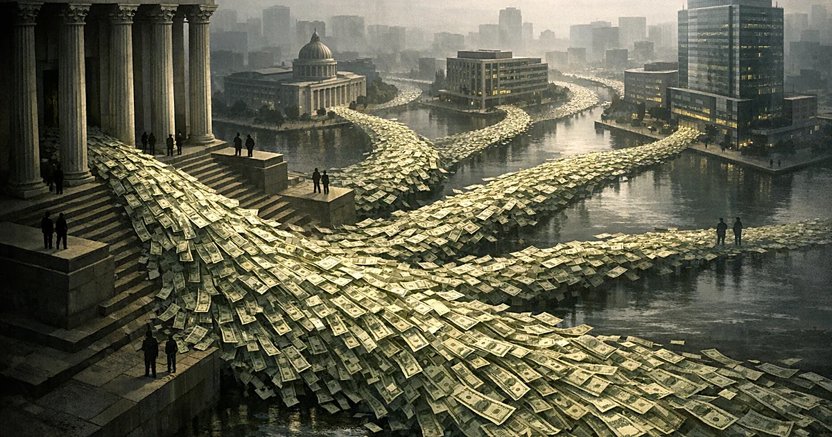 Streams of currency flowing from a large institutional building toward multiple smaller buildings in an urban setting