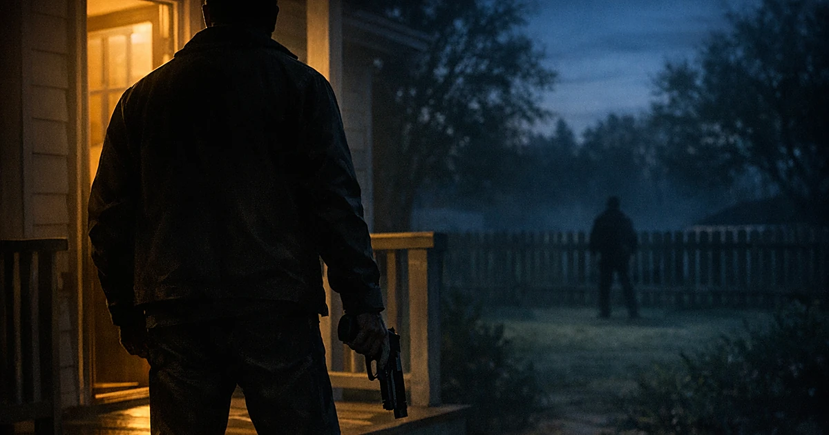 Silhouetted person with firearm standing on porch at dusk, viewed from behind, overlooking residential property