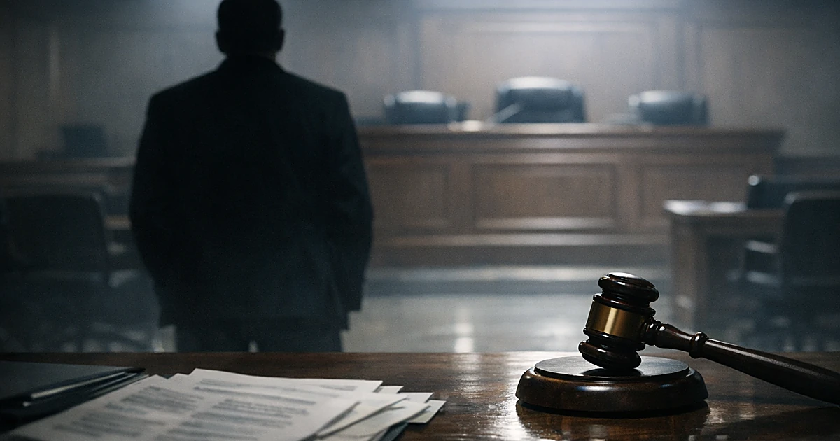 Silhouetted figure stands before empty judge's bench with legal documents on table in stark courtroom lighting