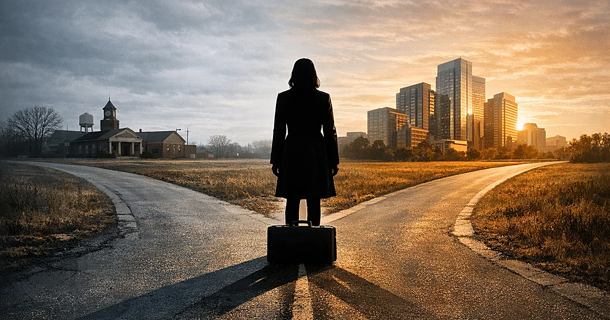 Silhouette at crossroads between two cities with briefcase casting split shadow across diverging paths
