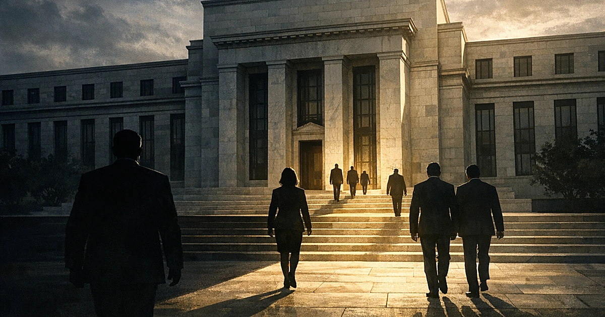 Silhouetted figures walking toward Federal Reserve building as shadows clear from steps, symbolizing cleared path