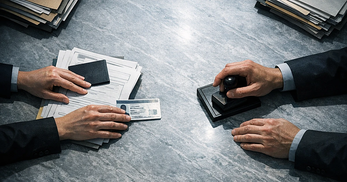 Overhead view of hands exchanging identification documents across a bank counter with stacks of paperwork