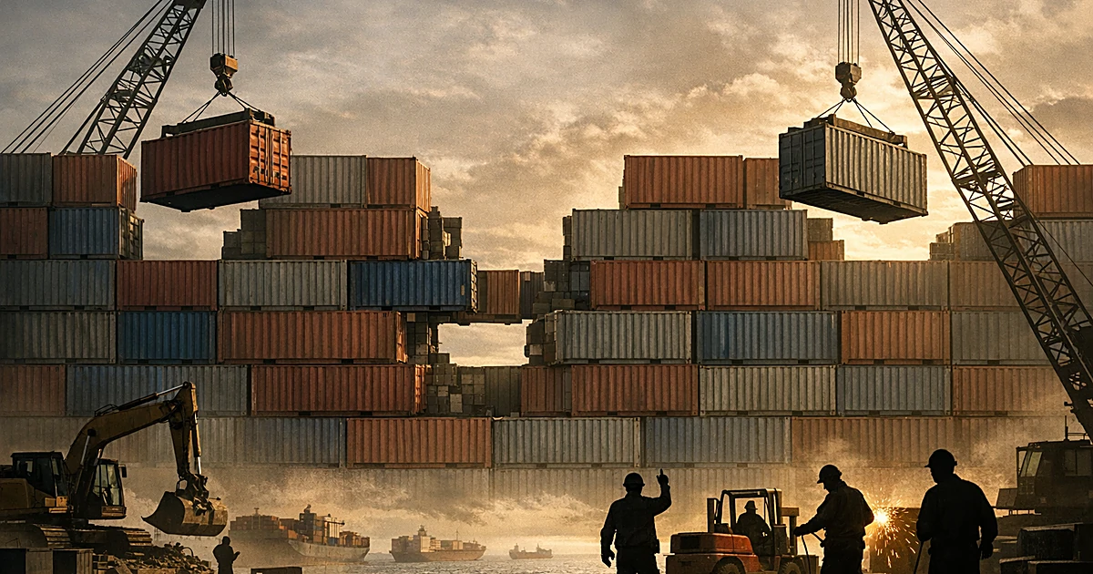Shipping containers being stacked by cranes to rebuild sections of a wall with workers shown as silhouettes below