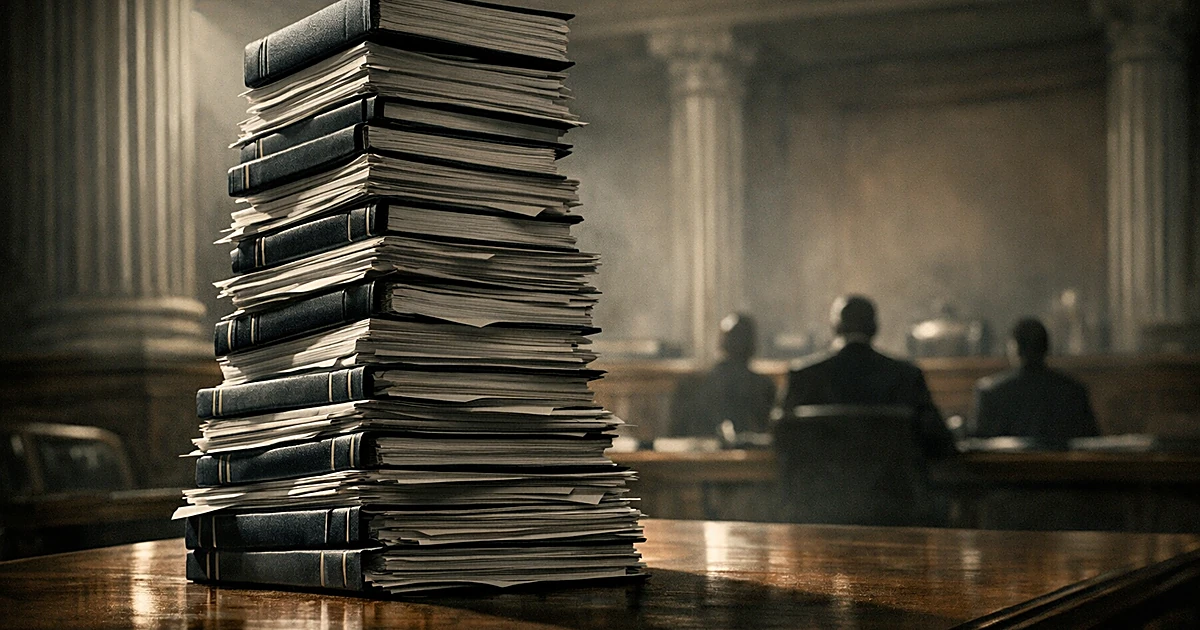 Tall stack of legal documents and appeal briefs on courtroom table with dramatic lighting and columned interior