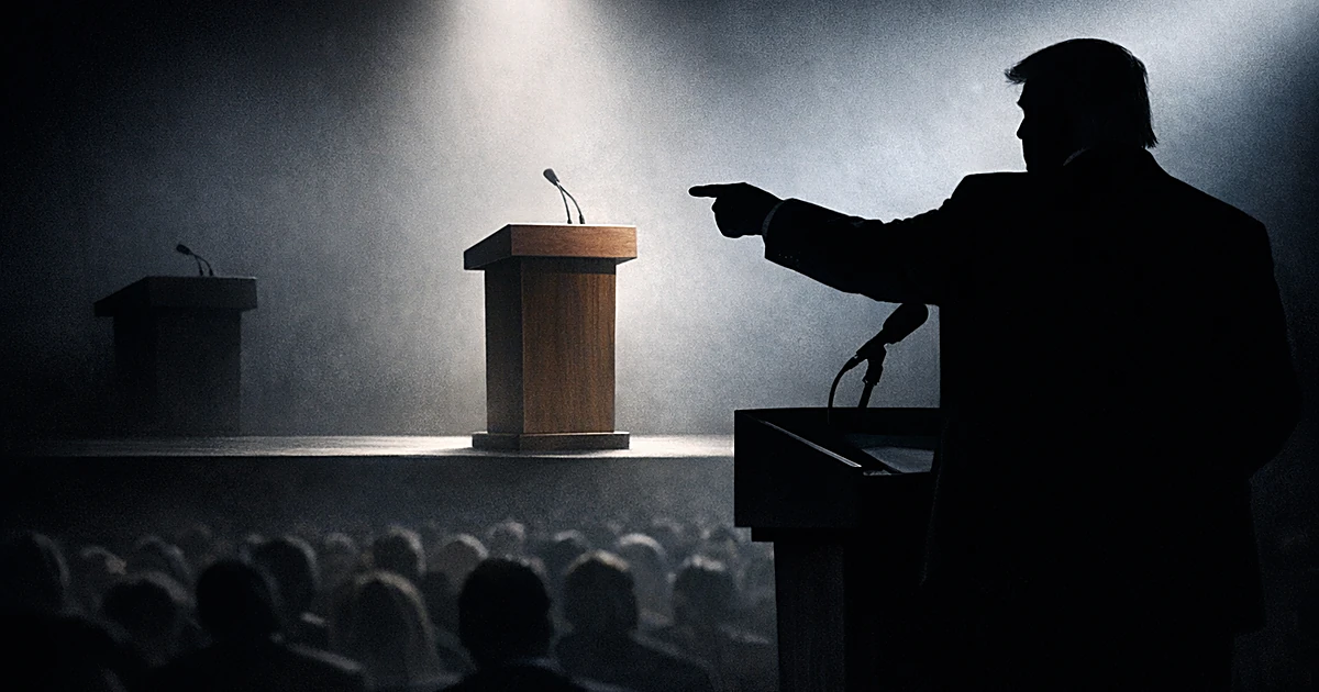 Silhouetted figure at podium gesturing toward two other podiums, one spotlit and one in shadow