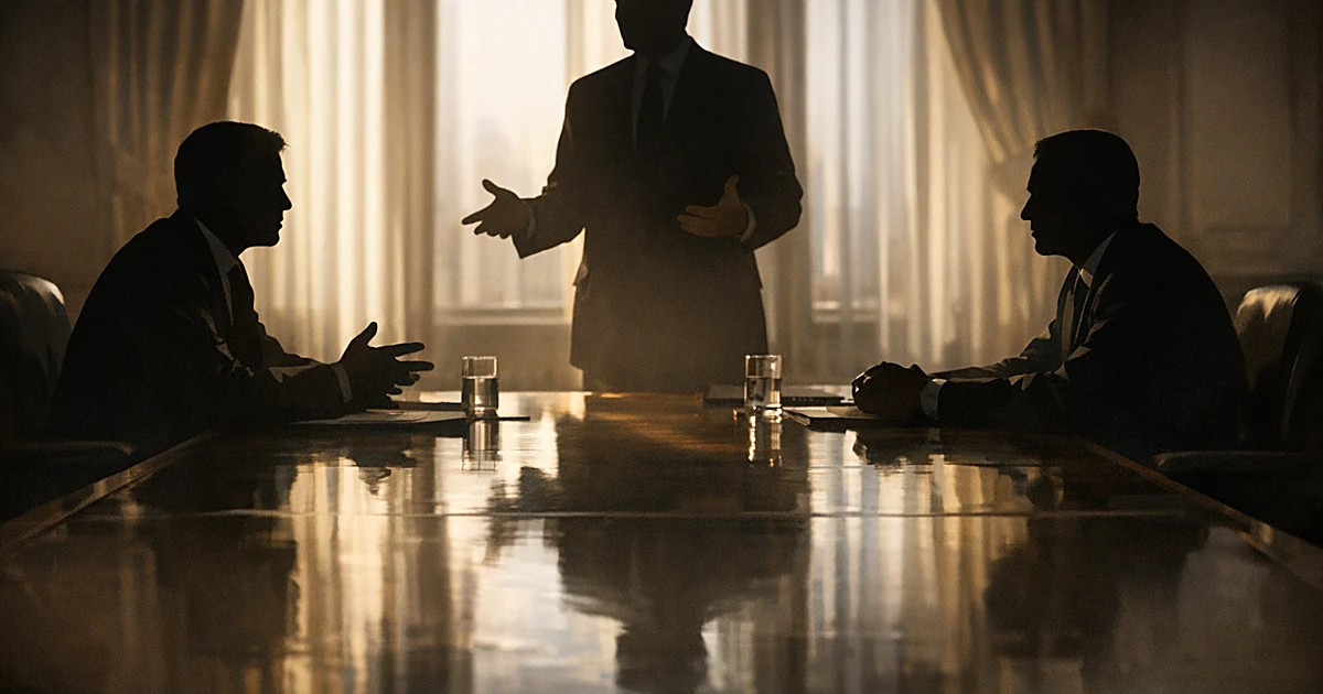 Silhouetted figures at negotiation table with mediator standing between them in formal diplomatic setting