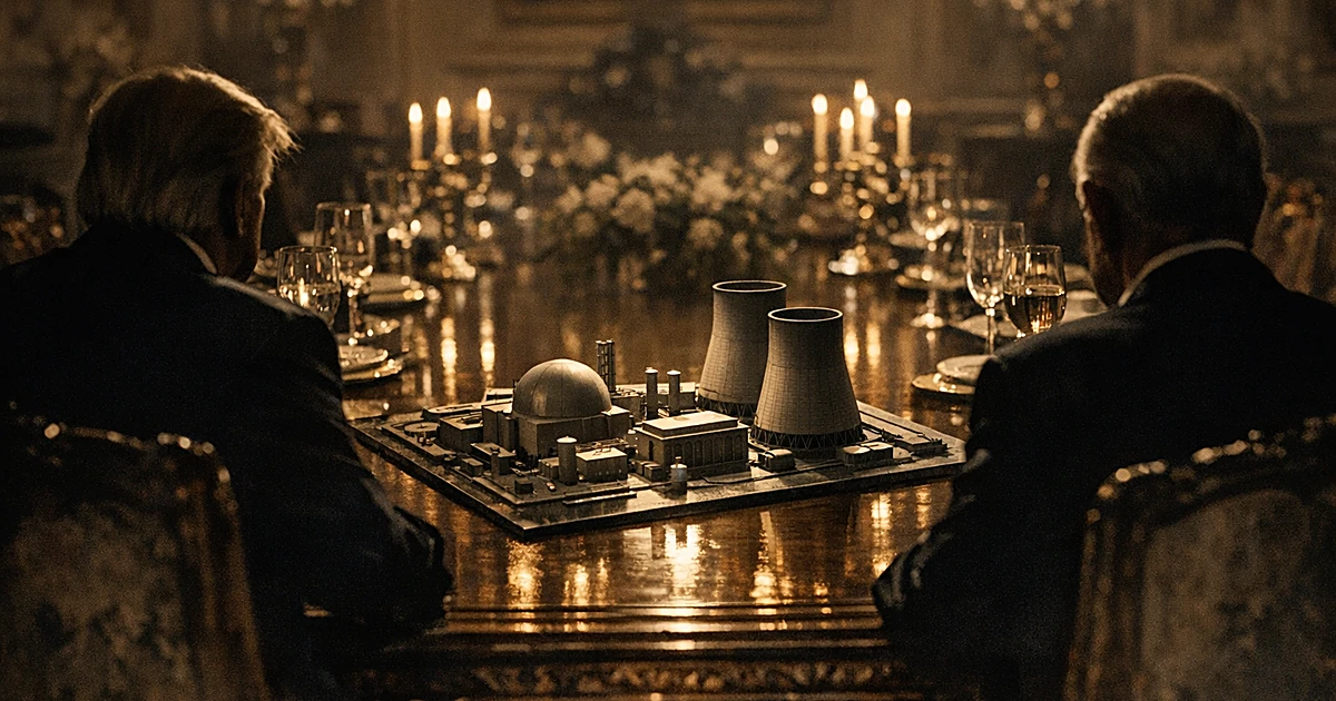 Two silhouetted figures at formal dinner table with nuclear facility model between them in candlelit room