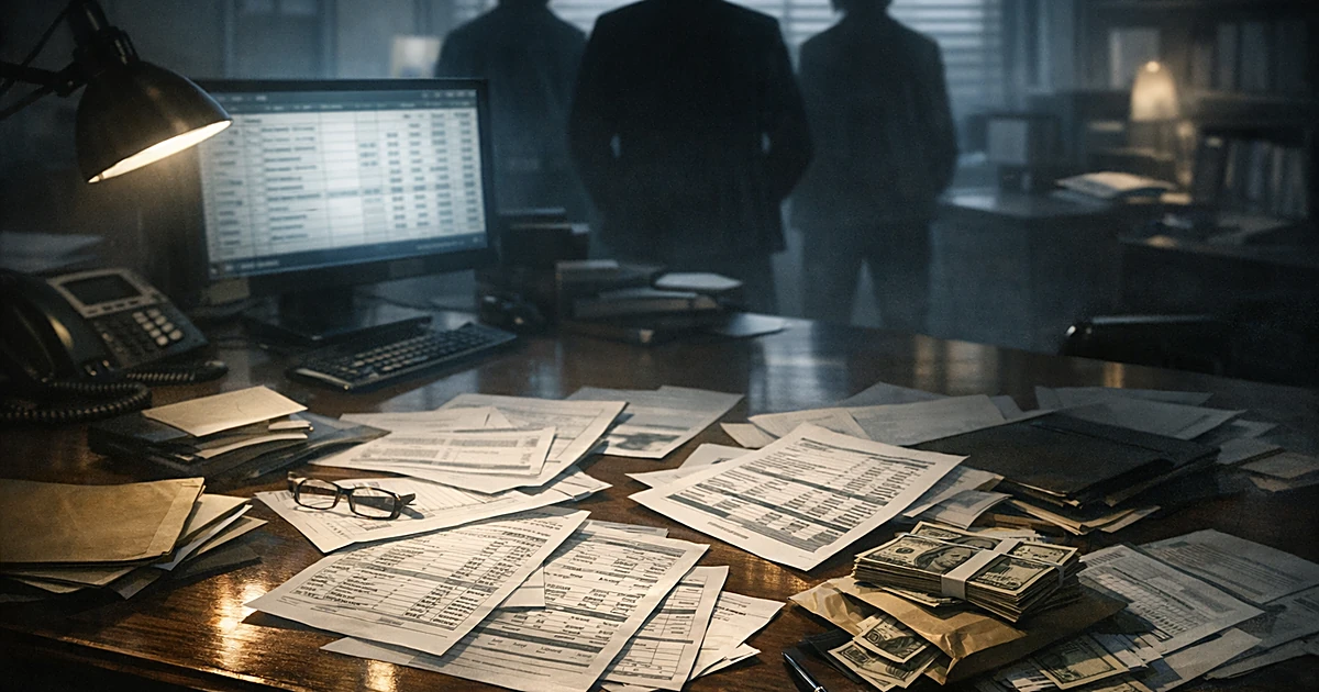 Overhead view of desk with financial documents and money records, silhouetted figures in background during investigation